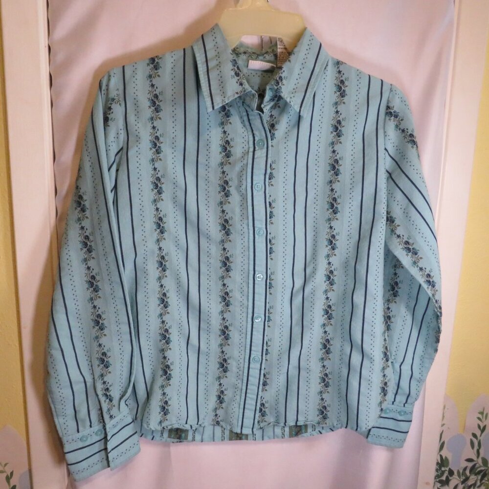Vintage White Stag Embroidered Aqua Blue Floral & Stripe Button-Up Blouse